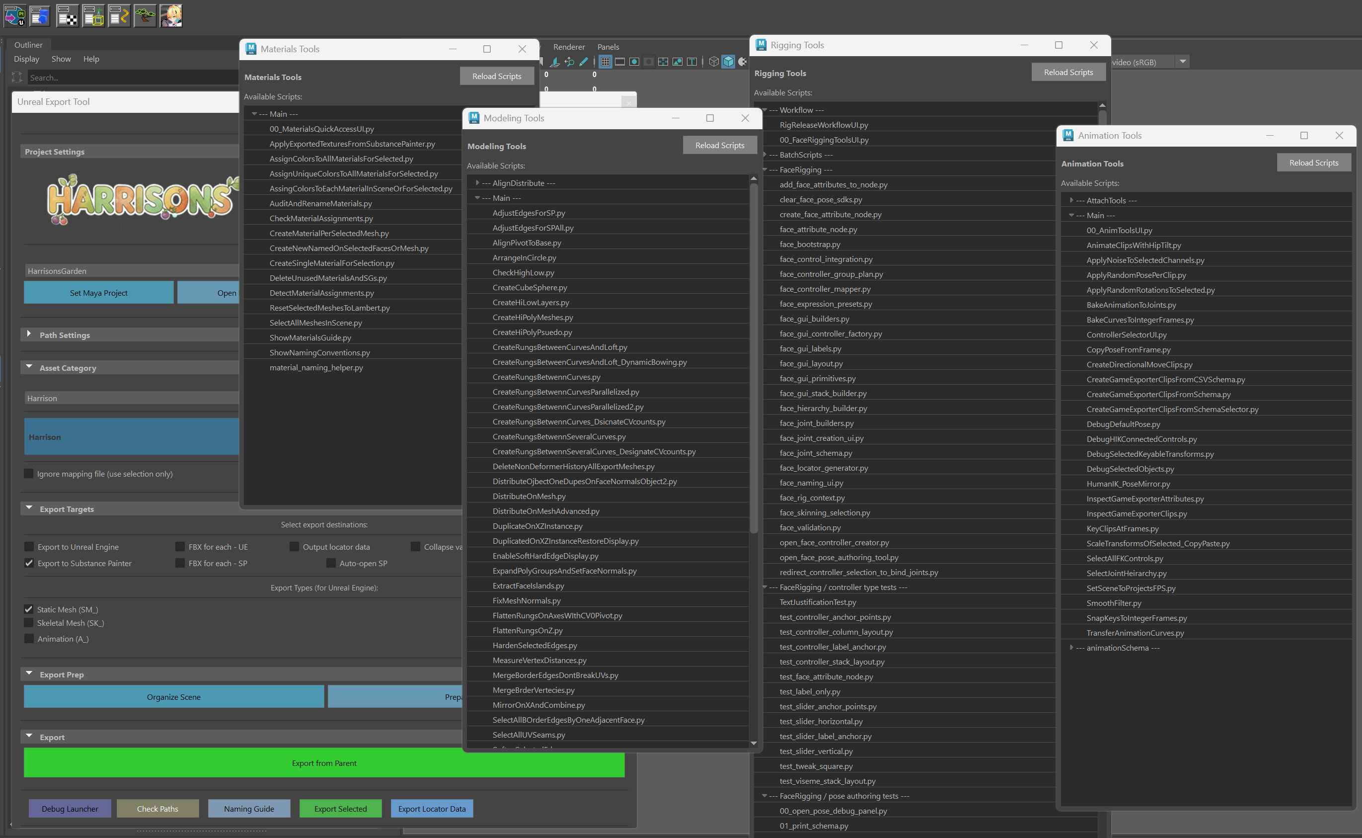 Maya script launchers for materials, modeling, rigging, and animation