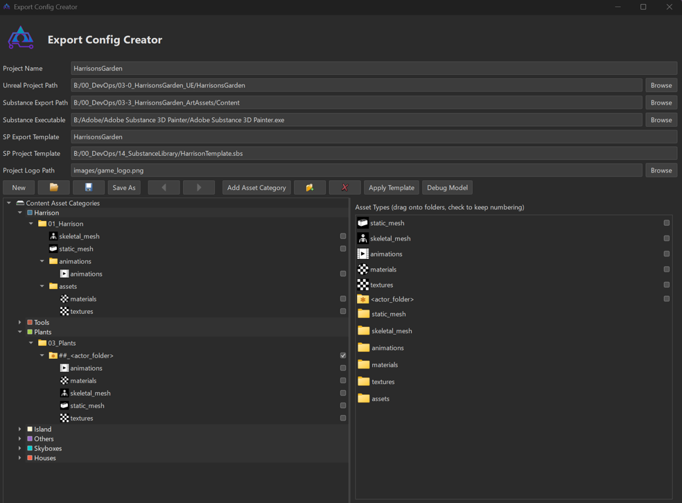 Export Config Creator setting Unreal and Substance paths and asset categories