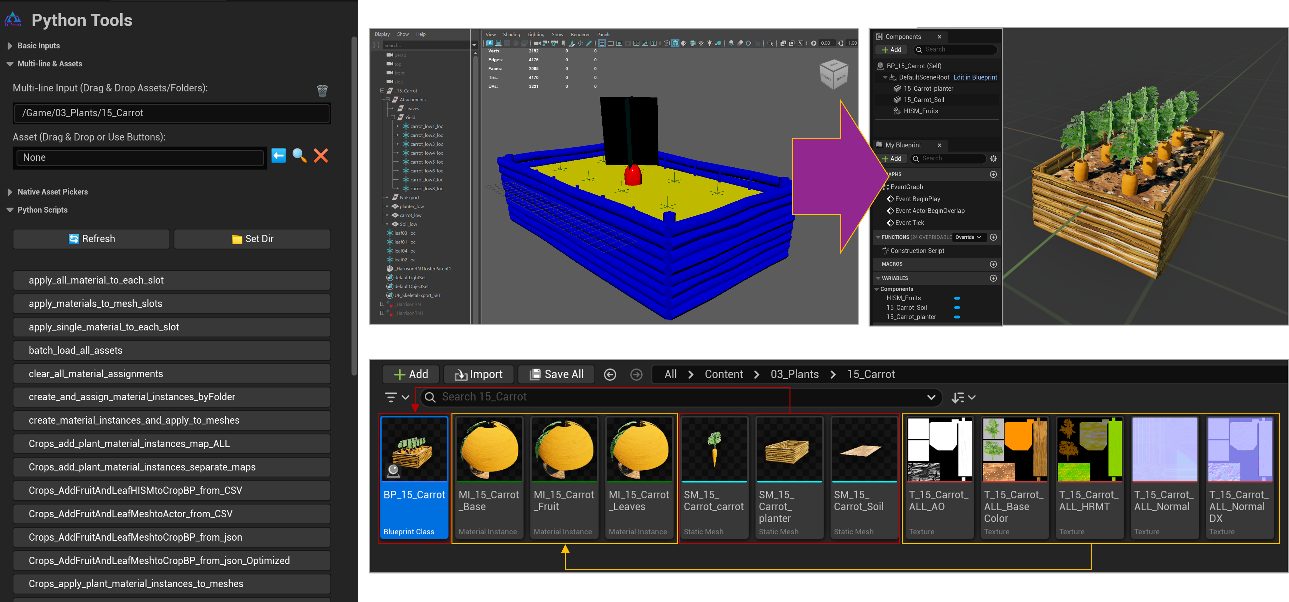 Python tools creating Unreal material instances, meshes, and Blueprint children