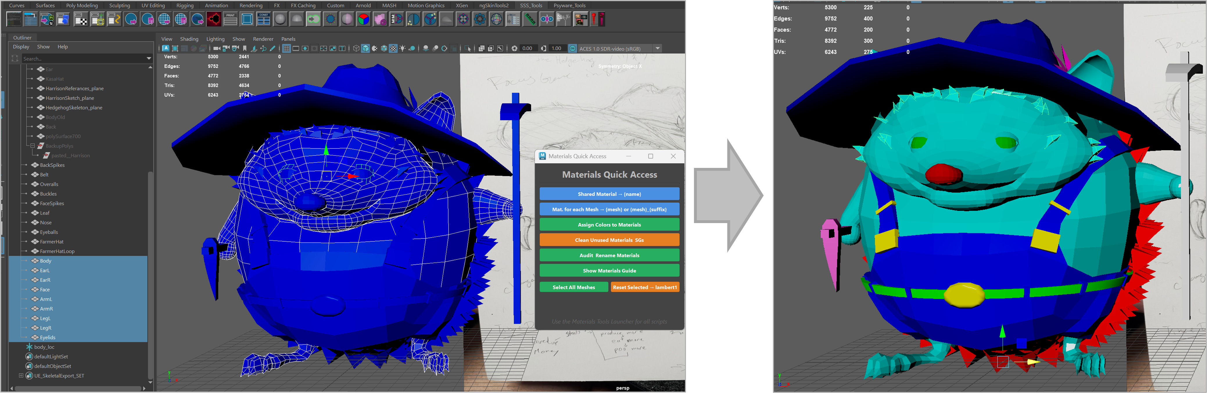 Maya Materials Quick Access assigning materials by mesh name