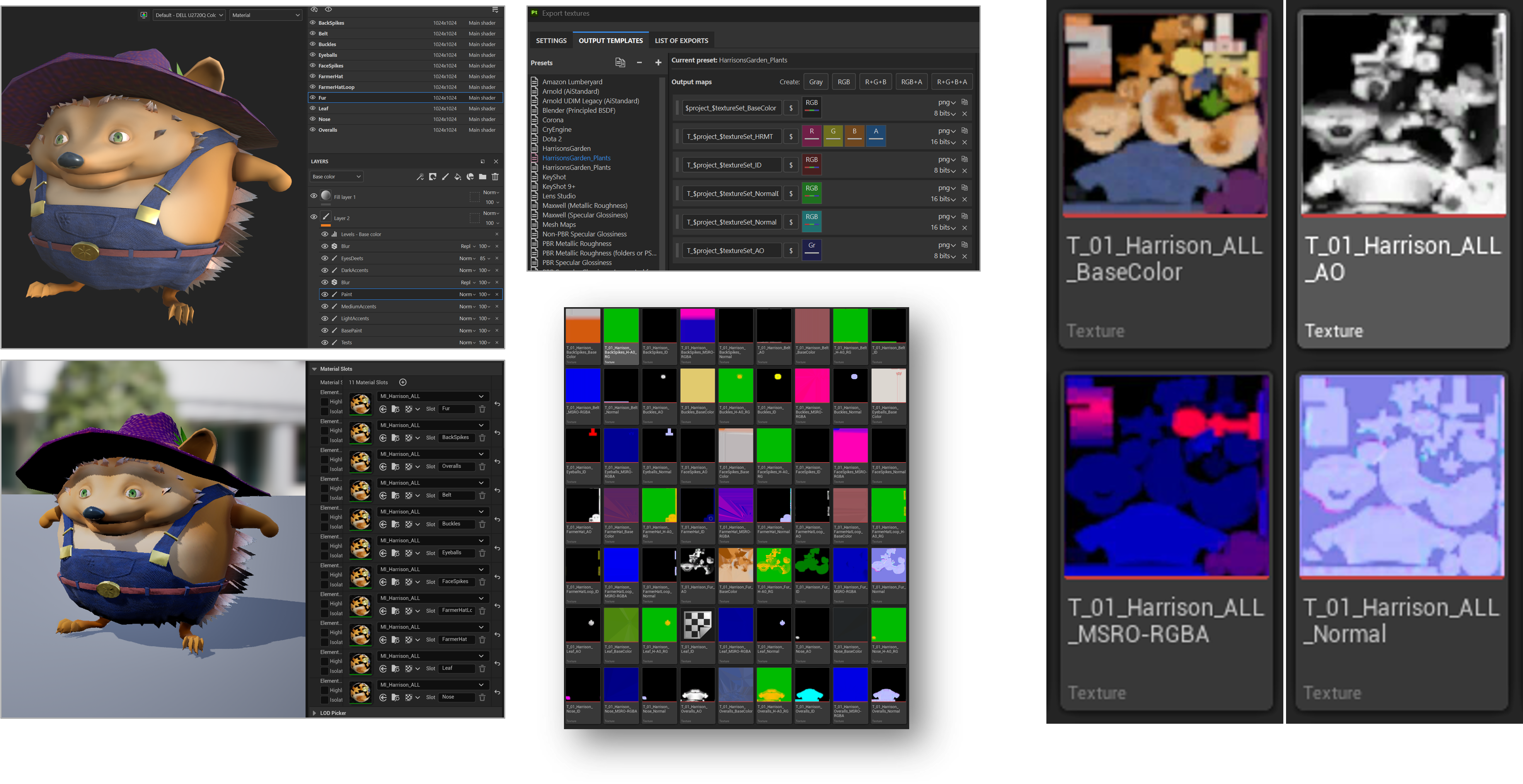 Substance Painter layers, export template, and Unreal material slots for Harrison
